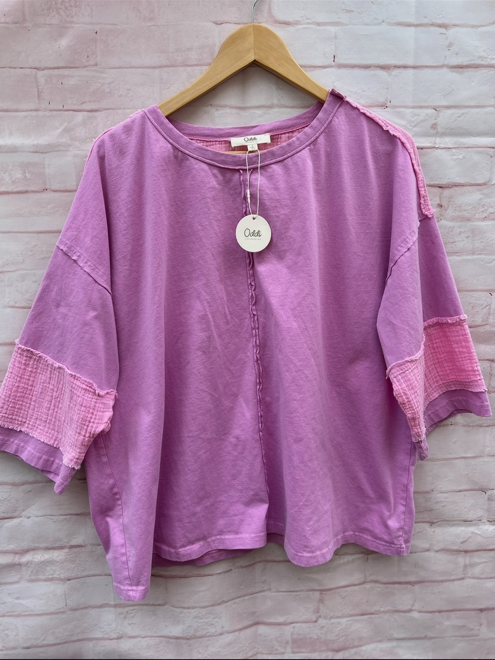 New Oddi size L Lavender Pink Boxy Short Sleeve gauzy accent cotton top